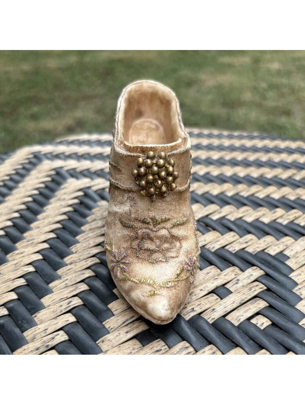 Victorian Floral High Heel Shoe Figurine Beige/Gold Matte 4.5in